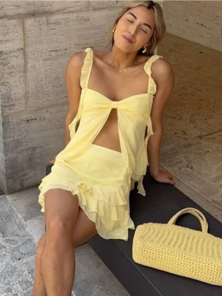 Women’s Yellow Ruffle Chiffon Skirt Set Lightweight Summer Two-Piece